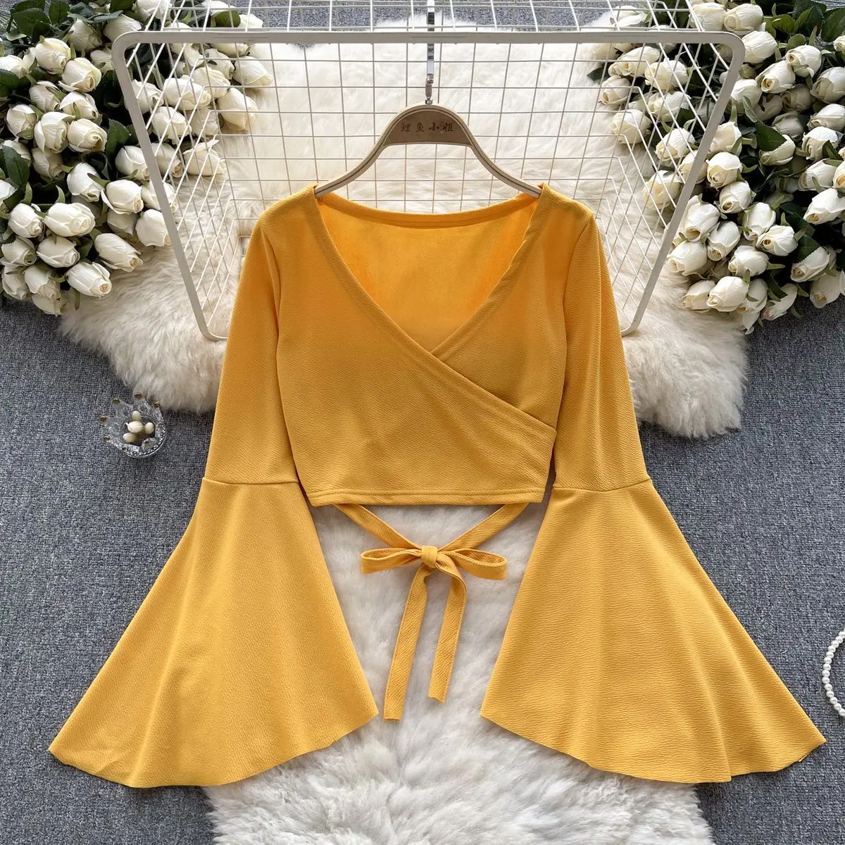 

Spring Summer Shirt Chic Sexy Flare Long Sleeve T shirt Elegant Criss-cross Bandage Crop Top V Neck Vintage Fashion Tees Female