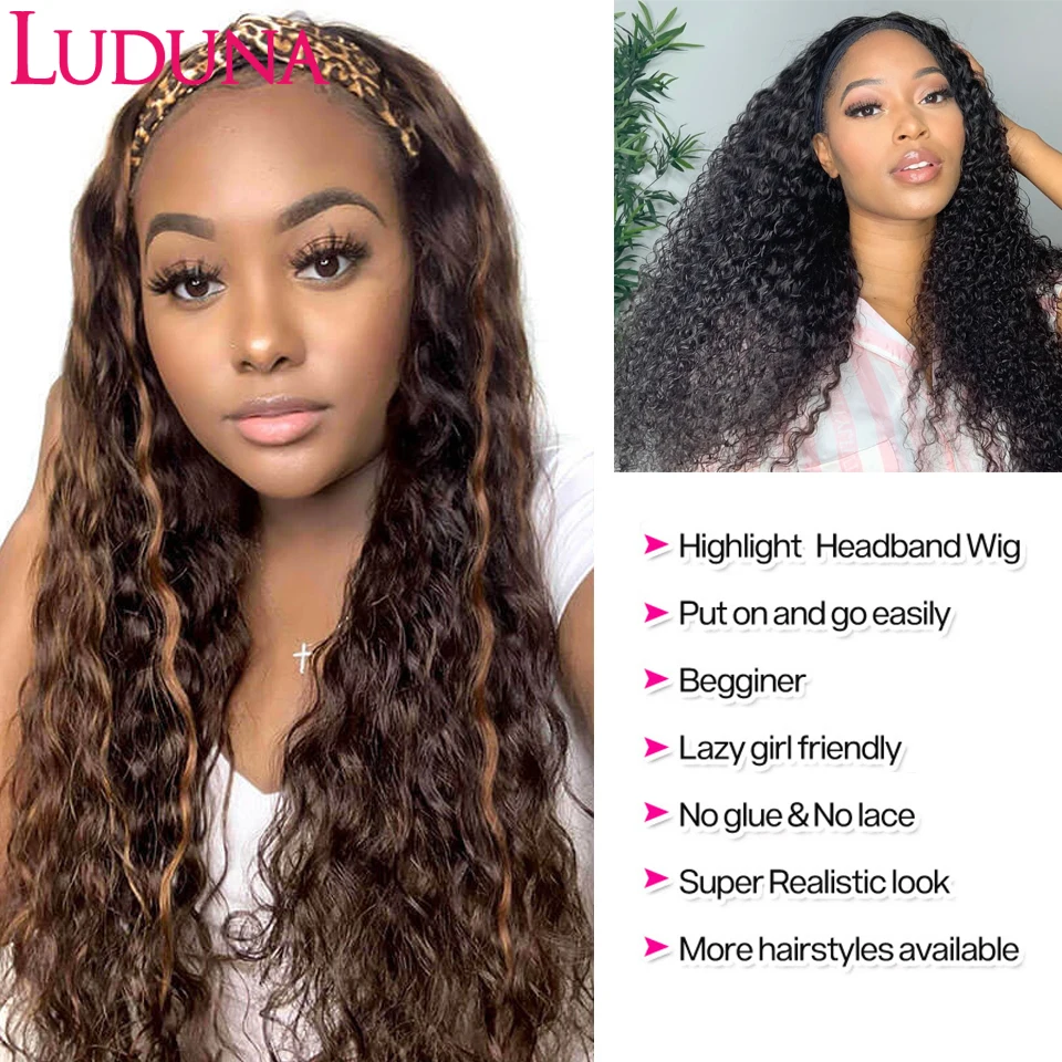 Headband Wig Human Hair Malaysian Water Wave Human Hair Wigs 180% Highlight Headband Wigs 8-30 Inch Curly