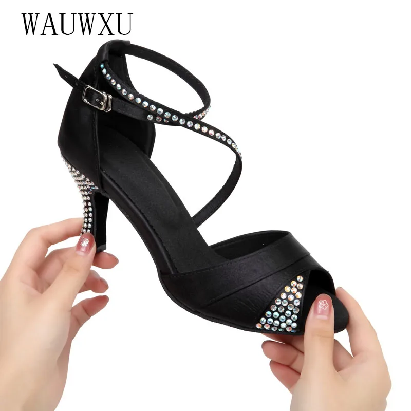 NATASHA New Latin Dance Shoes Adult Women Sexy High Heel Dance Shoes Black Diamond Dance Shoes Soft Sole Latin Dance Shoes 4.5-8