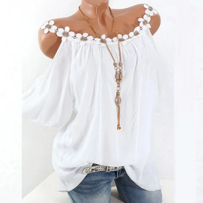 Women's Short Sleeve O-Neck Shirt Lace Blouse Sexy Off Shoulder Shirt Solid Tops Loose Clothes Summer 24933