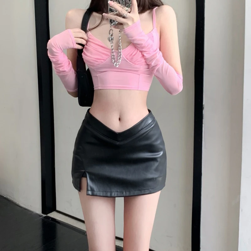 PU Leather Skirt y2k Clothes Women Solid Color Low Waist Side Slit A Line Mini Skirts Club Party Skirt Party Clubwear