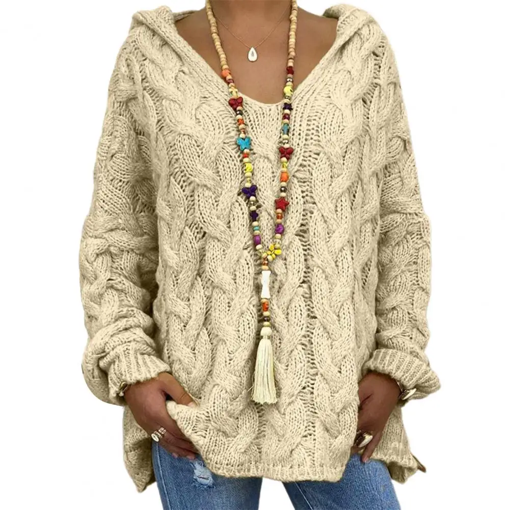 thumbnail image 1 of Suéter holgado de color liso con capucha y cuello en V y mangas largas de punto trenzado para otoño e invierno, ropa para mujer, 1 of 5