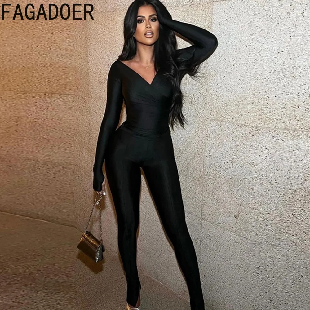 FAGADOER Autumn Casual Solid Color Sporty Two Piece Sets Women V Neck Long Sleeve Crop Top And Skinny Pants Tracksuits Outfits