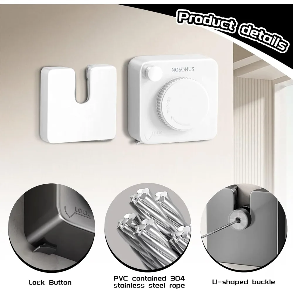 Retractable Clothesline Indoor, Non-Sagging Outdoor Clothes Line Retracting, 13.7 Ft Heavy Duty Clothes Drying Laundry Line, Wal