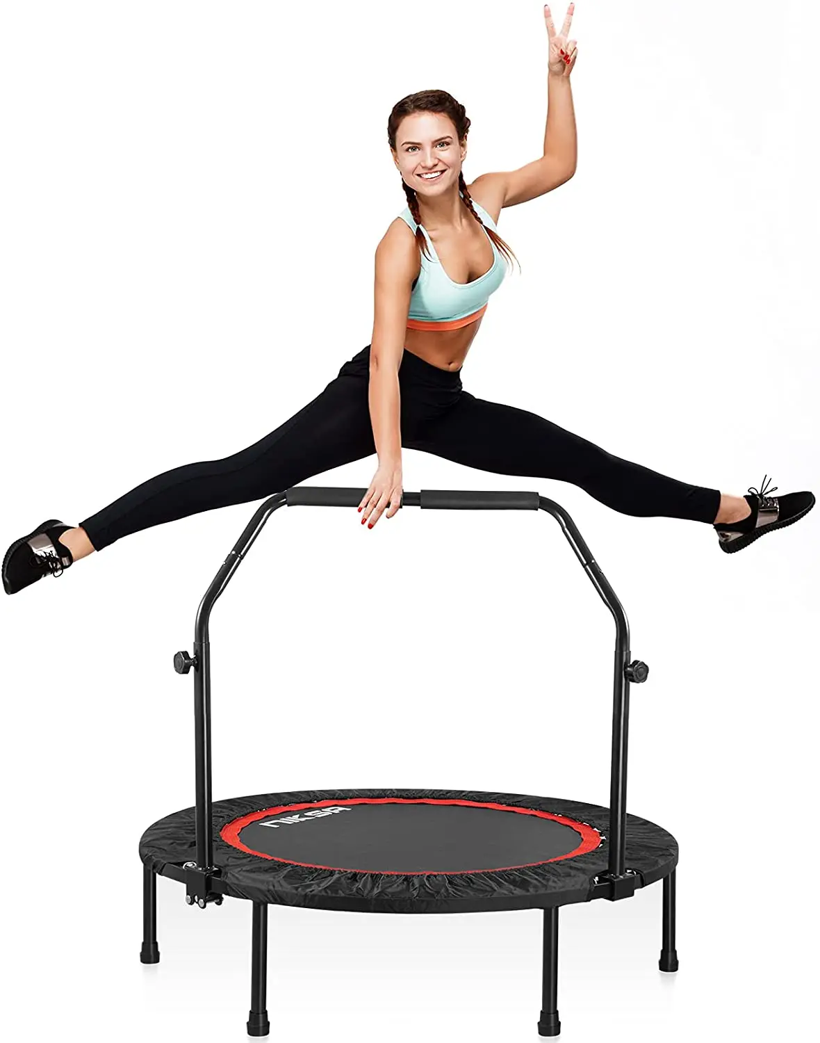 

Folding Mini Trampoline for Kids Fitness Rebounder with Adjustable Foam Handle Indoor Foldable Trampolin for Kids and Adults