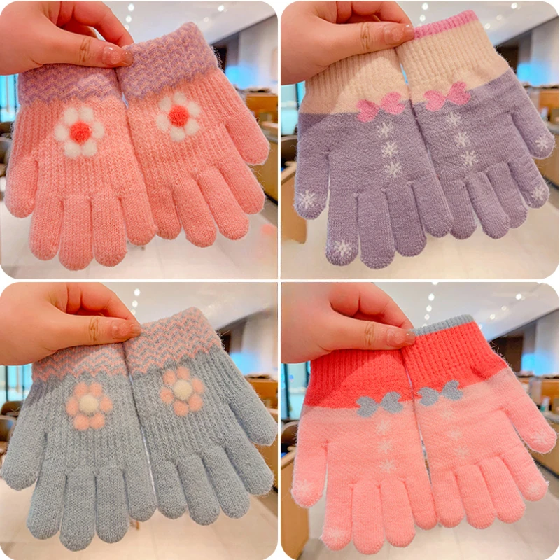Knitted Gloves Children Gloves Girls Winter Knitting Gloves Flower Bow Printing Five Finger Gloves Outdoor Warm Gloves