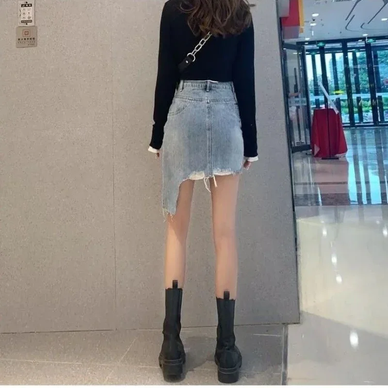 여성용 포켓 미디 지퍼 프린지 청바지 스커트, 하이 웨이스트 하라주쿠 V 데님 스커트, 한국 패션 품질 A 라인 스타일 