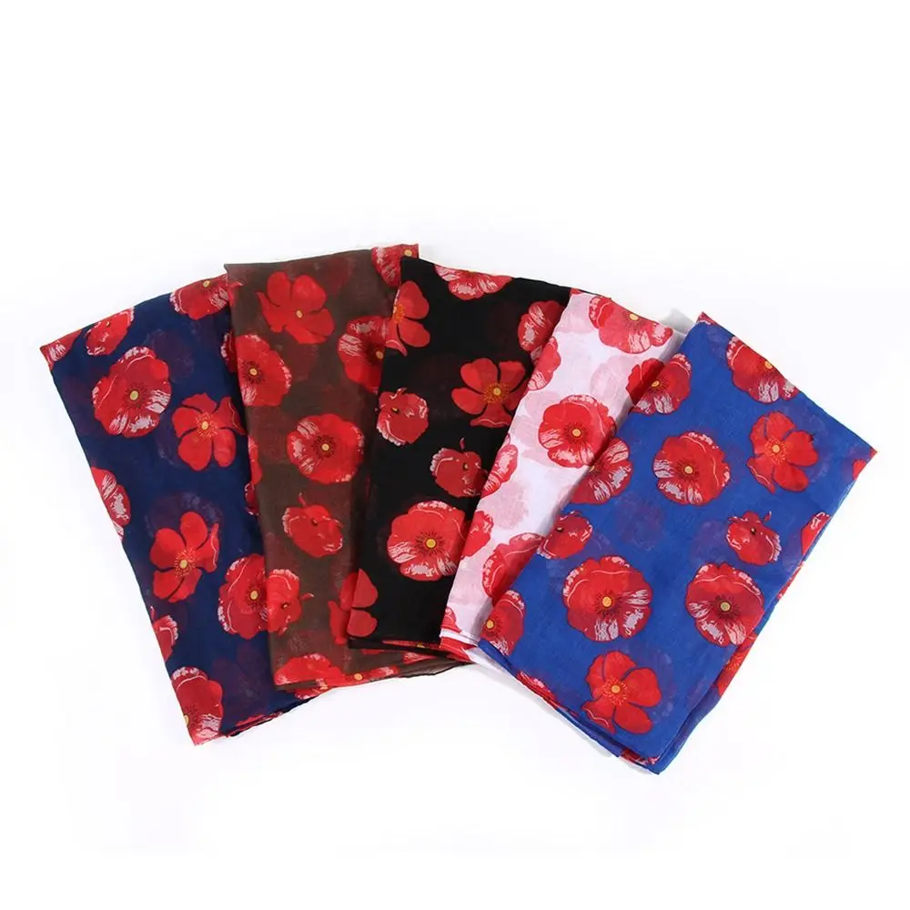 Cotton Voile Poppy Print Scarf 180*90cm Poppies Floral Wrap Colorful Smooth Breathable Poppy Floral Shawl for Women Ladies