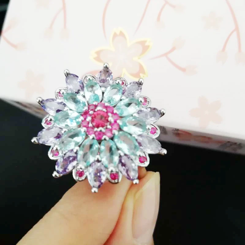 Nasiya Multicolor Gemstone Flower Shape Wedding Ring Silver Color Jewelry Rings for Women