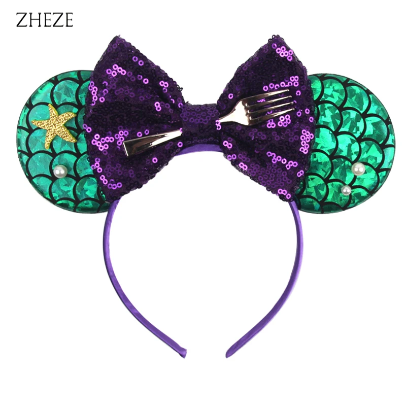 

2024 New Chic Mermaid Mouse Ears Headband Girls Kids Glitter Starfish Hairband Sequin 5"Hair Bow Party DIY Hair Accessories