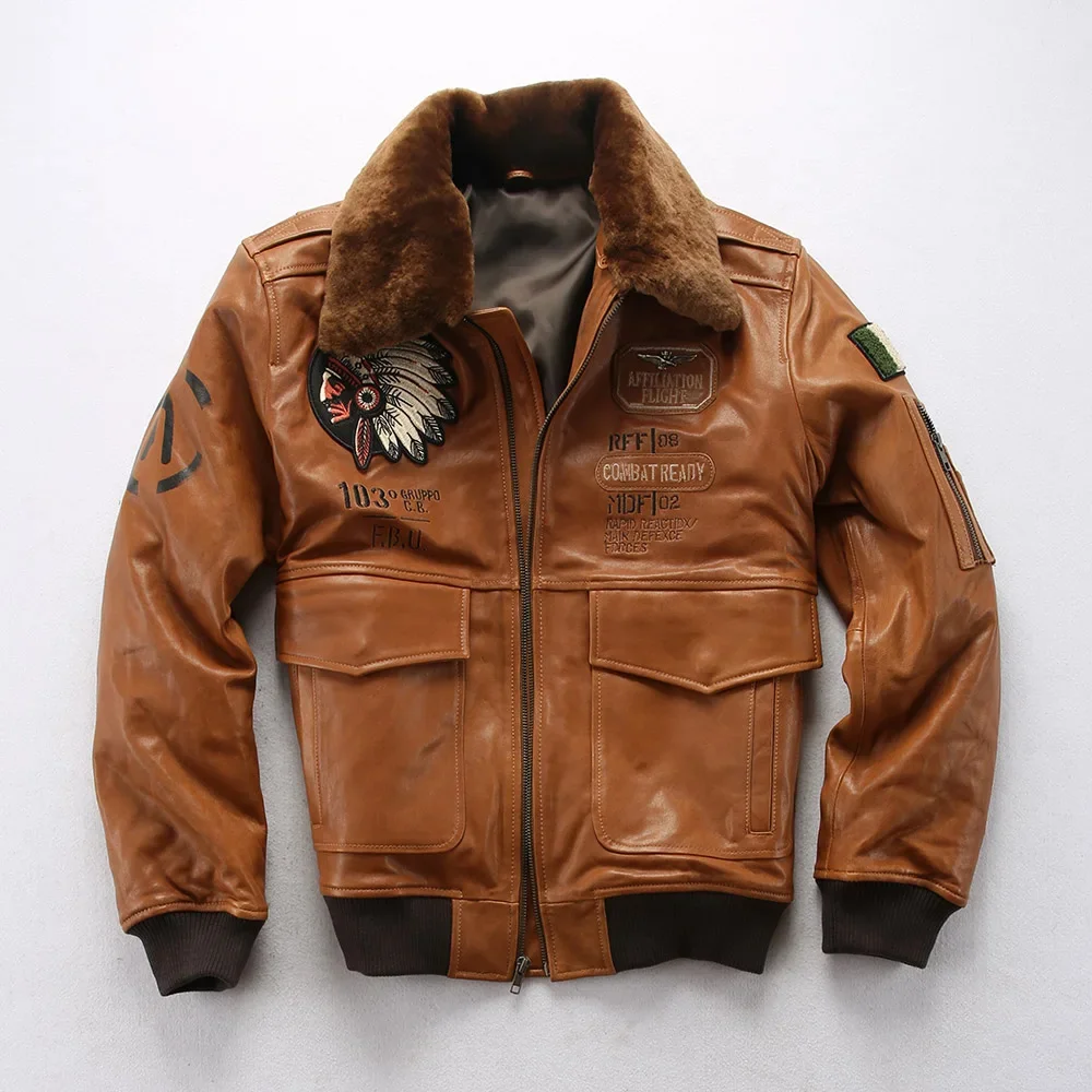 

Free DHL Shipping Sheepskin G1 Pilot Clothing Leather Jacket Wool Collar Indian Portrait Embroidery Men's Genuine coat