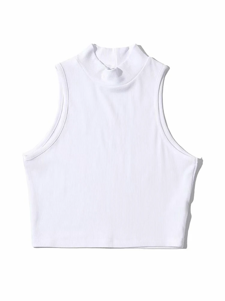 Summer Black Women Fashion Crop Top High Neck White Sleeveless Tank Tops 5 Colors 4