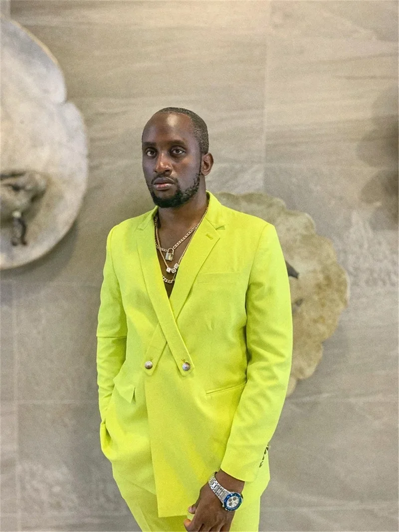 

New Design Fashion Bright Yellow Men Suit Prom Party Slim Fit Blazers Hombre High Quality Custom 2 Piece Set Jacket Pant Costume