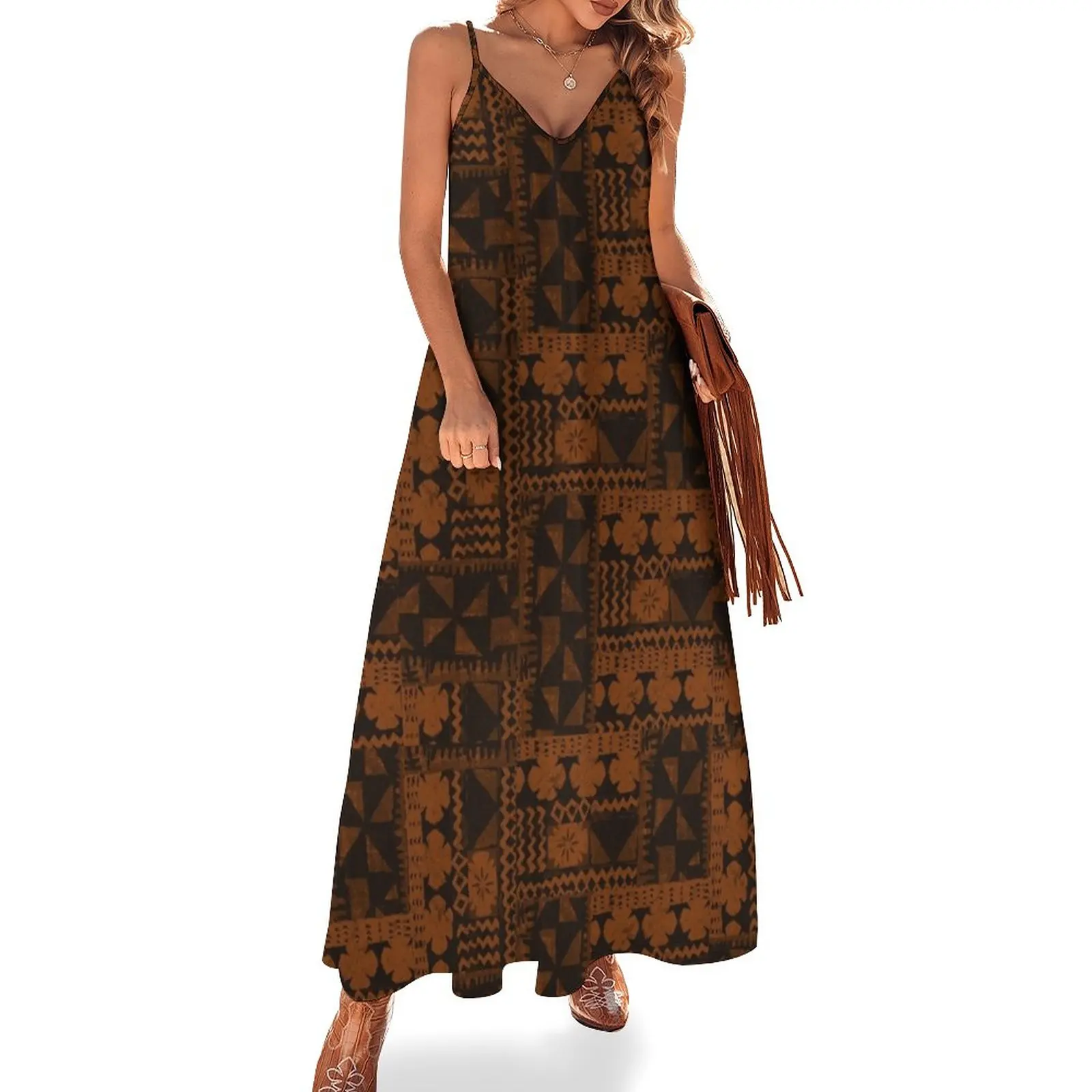 

New Kalalau Tapa Hawaiian Hibiscus Vintage Aloha Print - Orange & Brown Sleeveless Dress dresses ladies 2023 summer