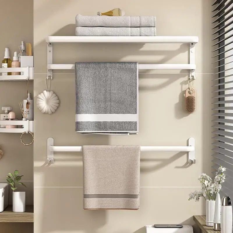 Aluminum White Towel Rack Foldable Holder With Fixed Hook Wall Mount Shelf Shower Bar Hanger Rail Bathroom Accessories