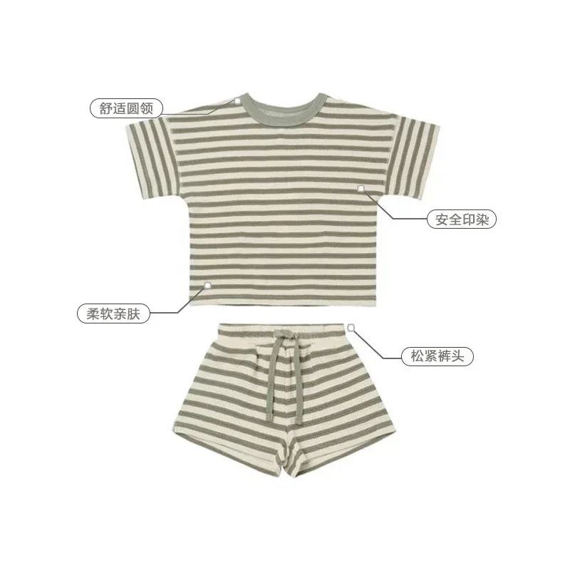 Infant Set 2022 Summer Boys and Girls Short Sleeve Shorts Waffle Round Neck Stripe Two Piece Set Newborn Baby Girl Clothes 3