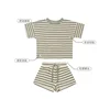 Infant Set 2022 Summer Boys and Girls Short Sleeve Shorts Waffle Round Neck Stripe Two Piece Set Newborn Baby Girl Clothes 3