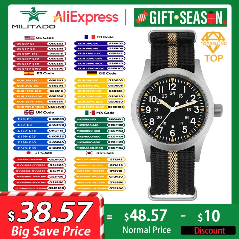 Militado ML05 ML05B 38 mm vintage veldhorloges voor mannen, VH31 stille seconde/515/Miyota Super 2035 kwartsuurwerk, gebogen saffierglas met AR-coating, C3 superlichtmassa, 100 m waterdicht, Riemen