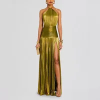 Sexy Off Shoulder Halter Folds Slit Long Dress Luxurious Women Corset Party Dress Gold Halter Neck Evening Dress
