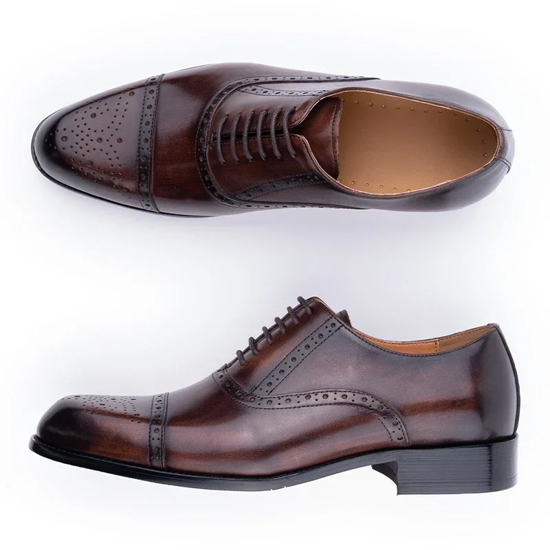 Brogue Men's Genuine Leather Oxford Shoes Handmade Pointed Toe High Quality Formal Shoes for Office Weddings Gift for Husband
