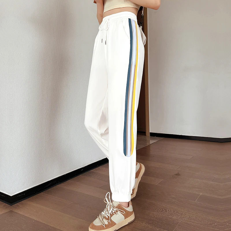 Women's Striped Elastic High Waisted Solid Pockets Bandage Bound Feet Casual Lantern Harlan Trousers Spring Autumn Vintage Pants