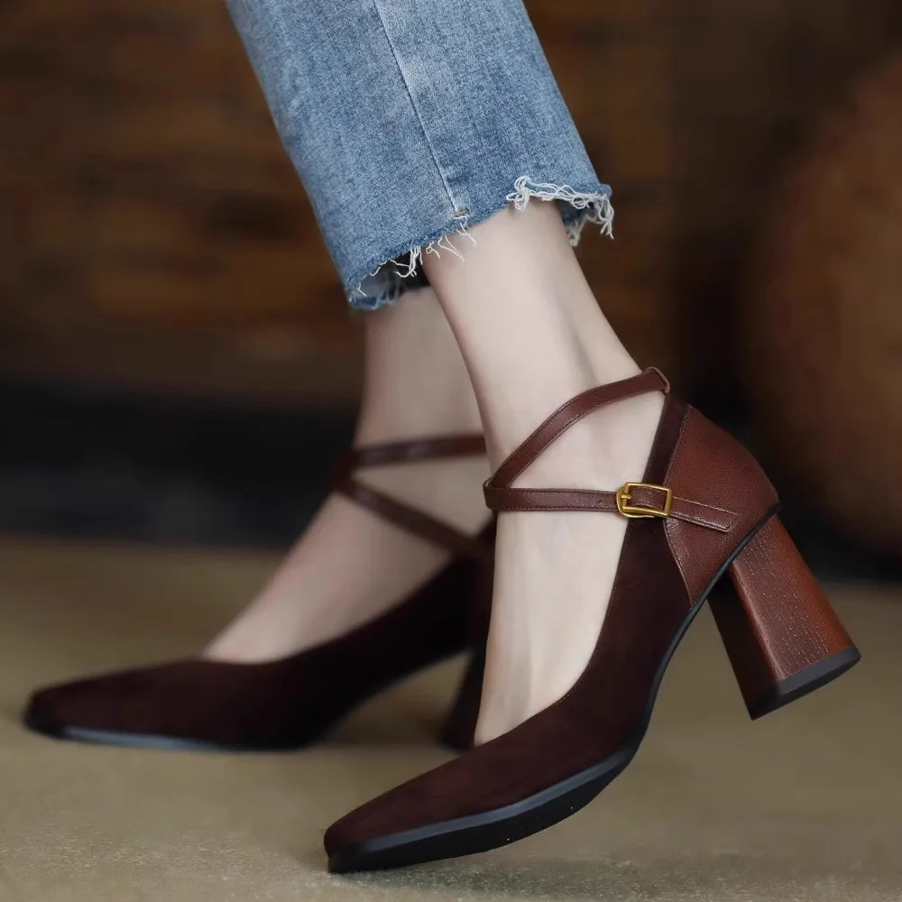 

New Vintage Super High Heels Mary Jane Shoes Women Ankle Buckle Platform Pumps Woman Round Toe Chunky Heeled Lolita Shoes