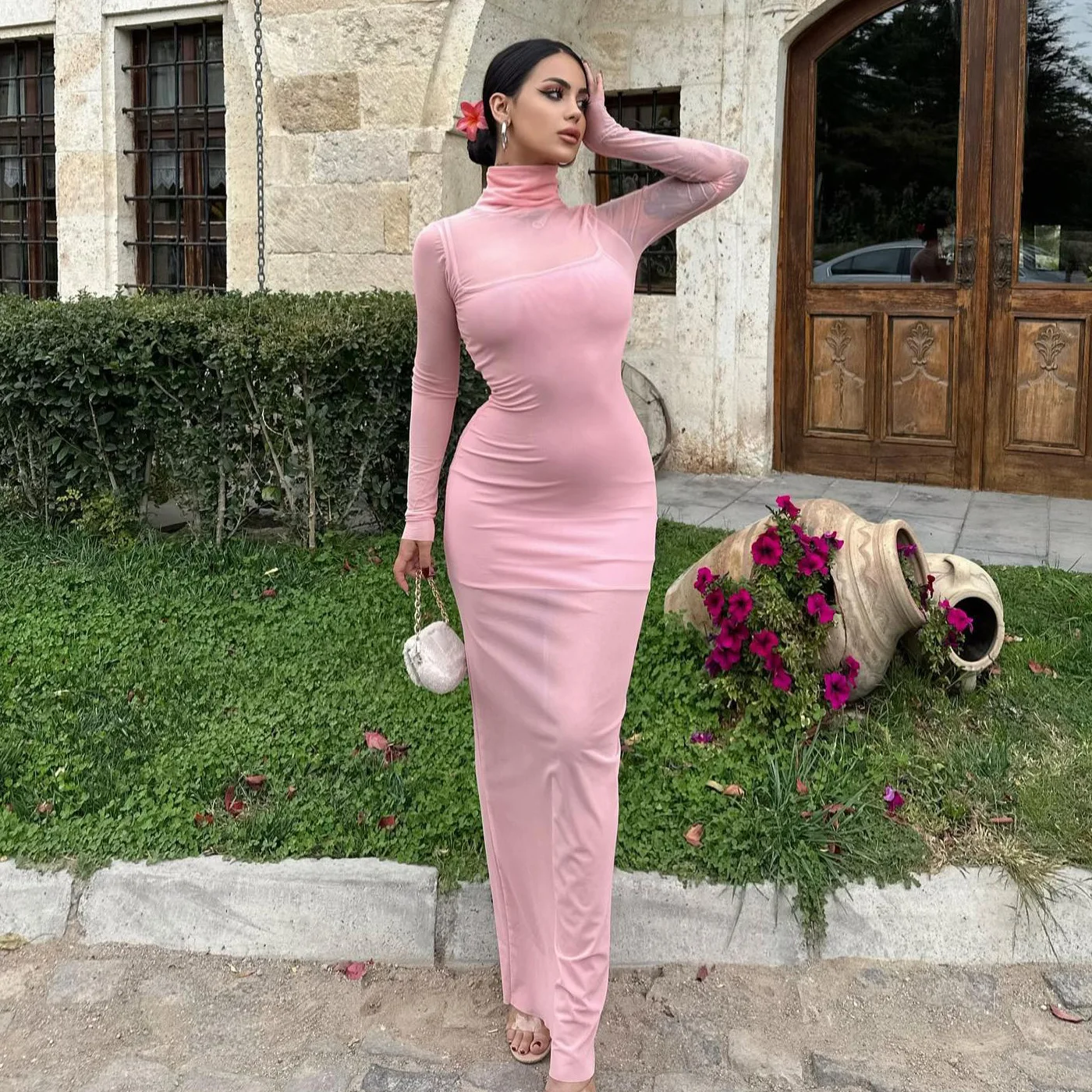 Conjunto de dos piezas de malla para mujer, vestido mini transparente, ajustado, sexy, de moda, de manga larga, con retazos, otoño 2025