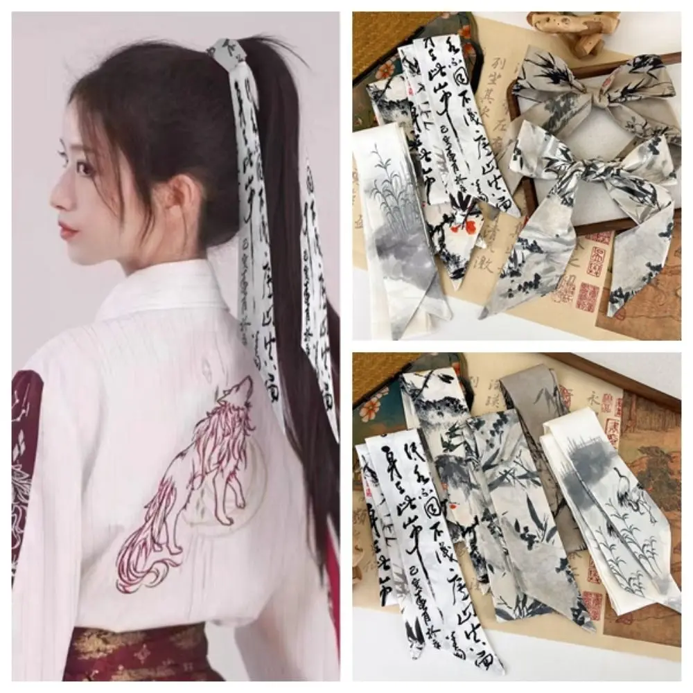 Elegant Long Ink Painting Silk Scarf Minimalist Style Ancient Style Ancient Hair Band Neckerchief Hair Rope Long Silk Scarf Girl - Image 2