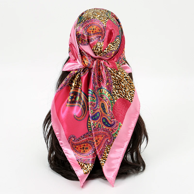 Luxus Marke Böhmen Druck Platz Silk Schal für Frauen Hijab Haar Bands 90 cm Halstuch Weibliche Satin Schal Bandana Stirnband – Detail 9