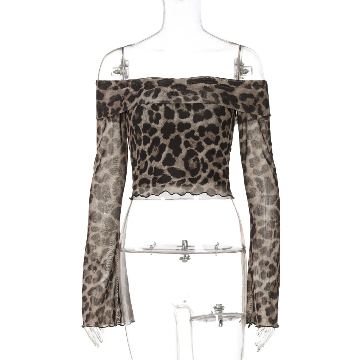 Leopard Printed Mesh T-shirt Top For Women Off-Shoulder Long Sleeve Cropped Y2k Top Pullover Contrast Female Slim Tee