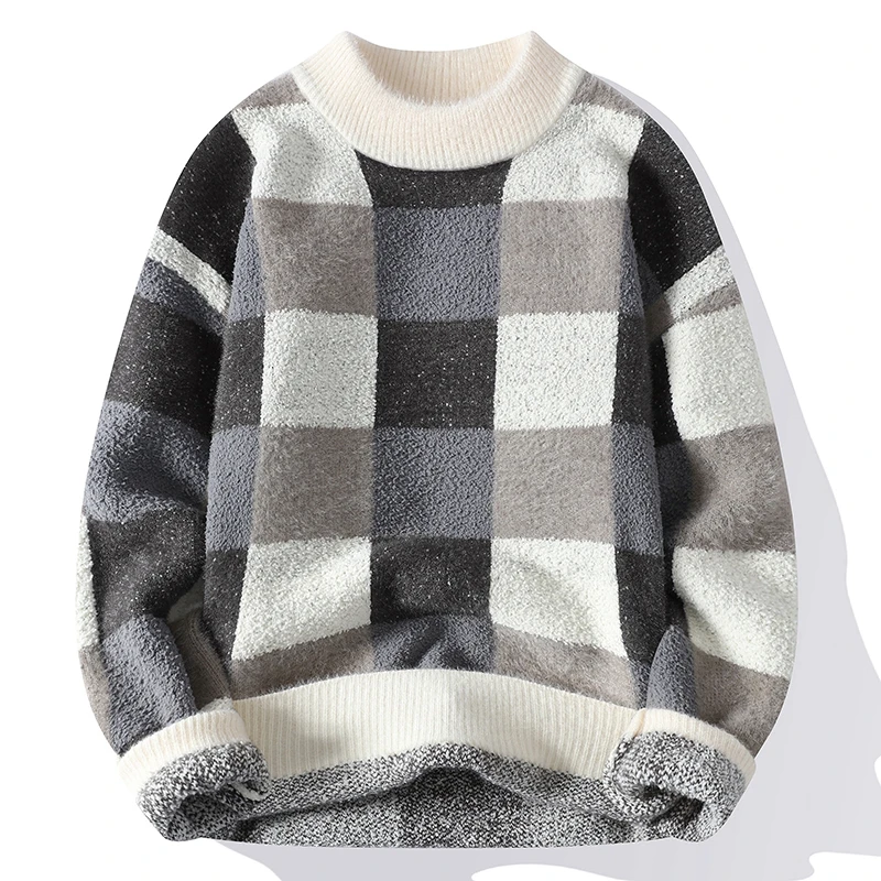 2023 Autumn Mens Knitted Sweaters Plaid Pullover Round Neck Long Sleeve Jumper Casual Outwear