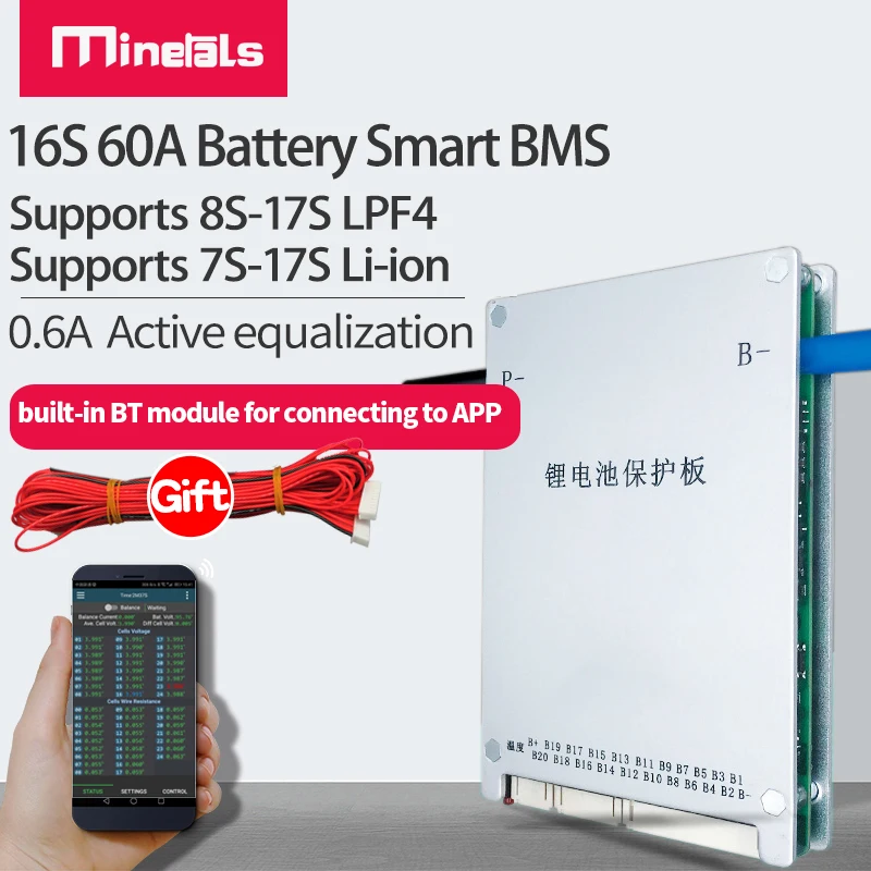 

JK BMS 8-17S 60A BMS lifepo4 built-in bluetooth 0.6A Active equalization 13S 14S 16S 17S 60a smart bms 48v 60v Li-ion LPF4 pcm