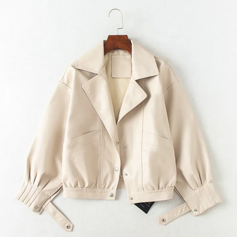 Female Loose Faux Leather Fashion Long Sleeve Outwear Autumn Women PU Leather Jacket Single Breasted Short Motorcycle Punk Coat