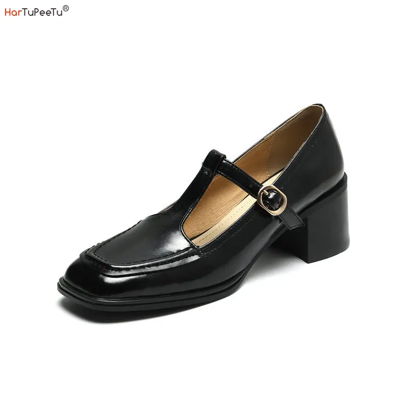 

Luxury Retro Pumps Girls Preppy Chic Mary Janes Shoes Glossy Cow Leather Loafer Comfy Soft Med Heel Concise Spring Fall Footwear