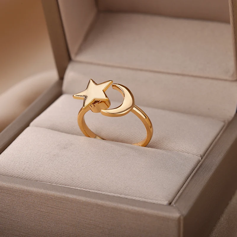 Fashion Moon Star Rings For Women Stainless Steel Gold Color