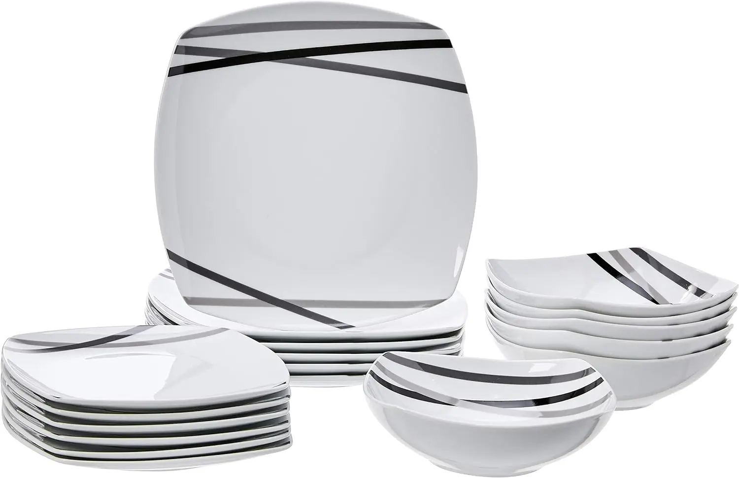 

Basics - 18 Piece Kitchen Dinnerware Set - Square Plates, Bowls, Service for 6 - Modern Beams