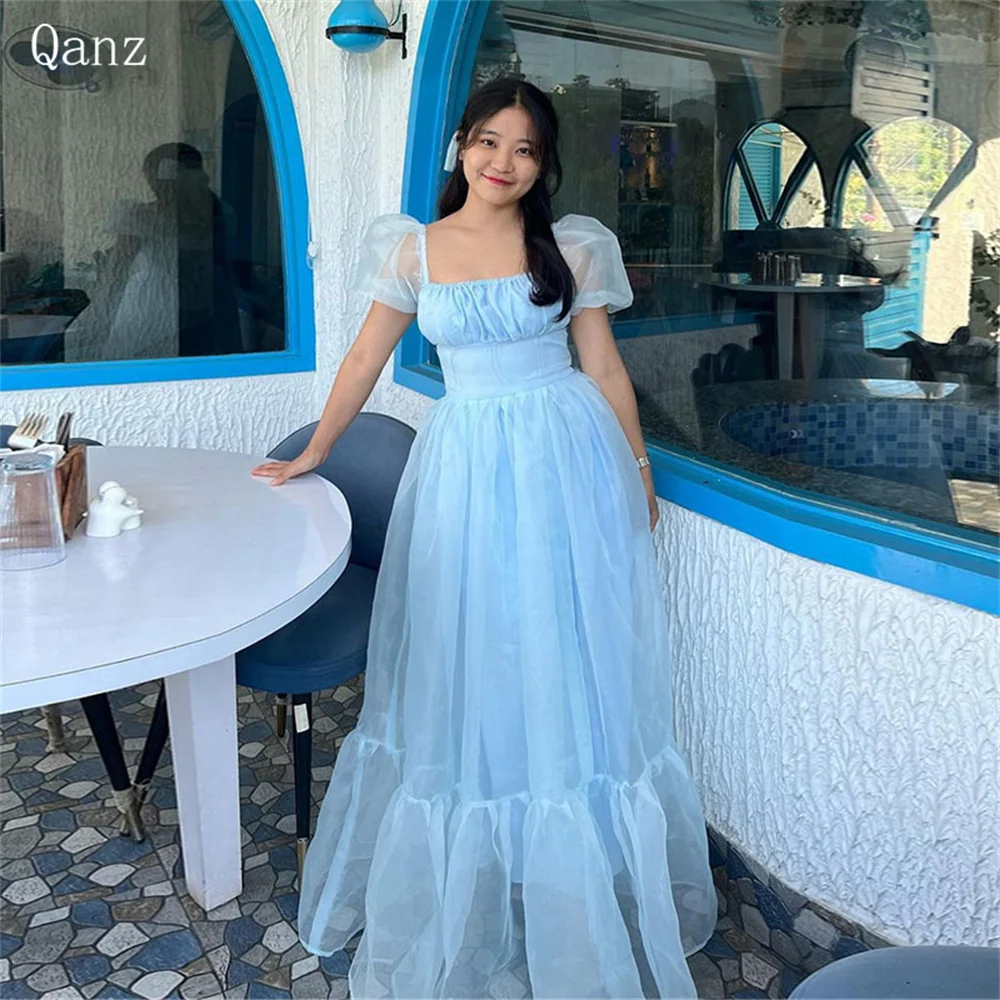 

Qanz Baby Blue Party Prom Dresses Short Puff Sleeves Long A Line Evening Dresses Organza Floor Length Vestido Largo Elegante