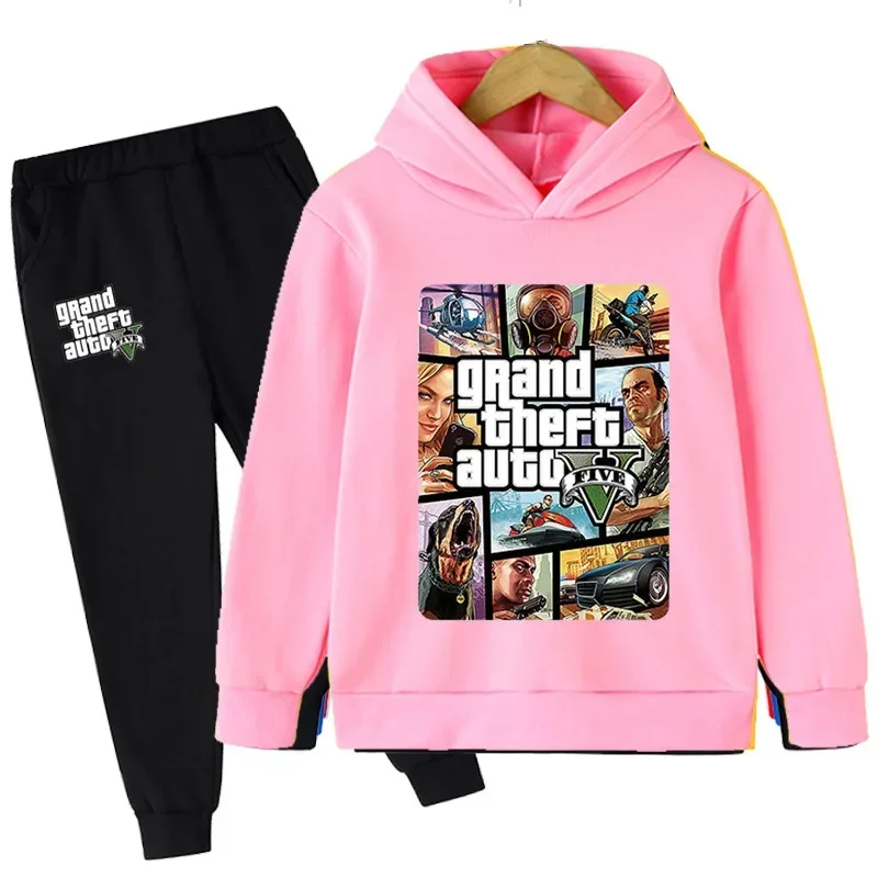 thumbnail image 1 of Conjunto de 2 piezas de sudaderas con capucha y pantalones largos de dibujos animados para niños, juego de Gta 5, ropa para niños de 4 a 14 años, chándal de otoño, 1 of 5