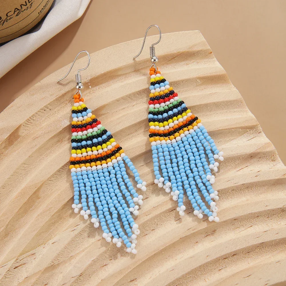 쌀알 비즈 귀걸이 레트로 스타일 심플 핸드 니팅 보헤미안 기하학 디자인 룰 태슬 다용도 여성용 합금 비즈 귀걸이