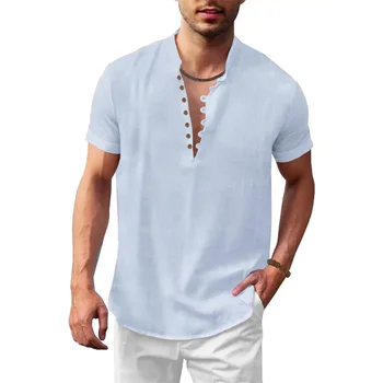 Summer New Men's Short Sleeve Cotton Linen T-shirt Half Button Henley Neck Solid Color Breathable Lightweight  Male Tops