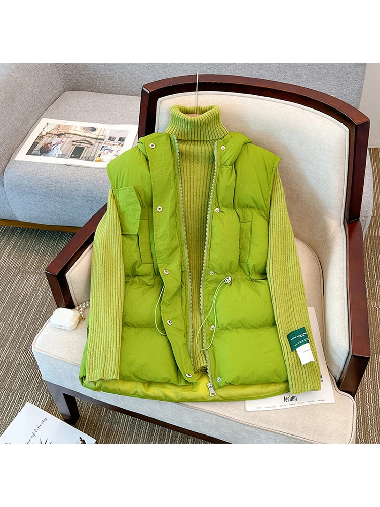 

Женский Длинный свободный пуховой жилет + топы, стеганый, с капюшоном, осенне-зимний модный легкий, с подкладкой, теплый комплект большого размера из жилета