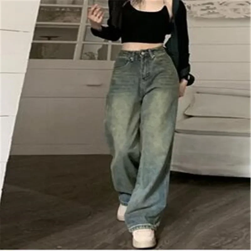 Vintage 90S Baggy Straight Denim Trousers Female Y2K High Waist Loose Wide Leg Jeans Women Streetwear All-Match Casual Pants New