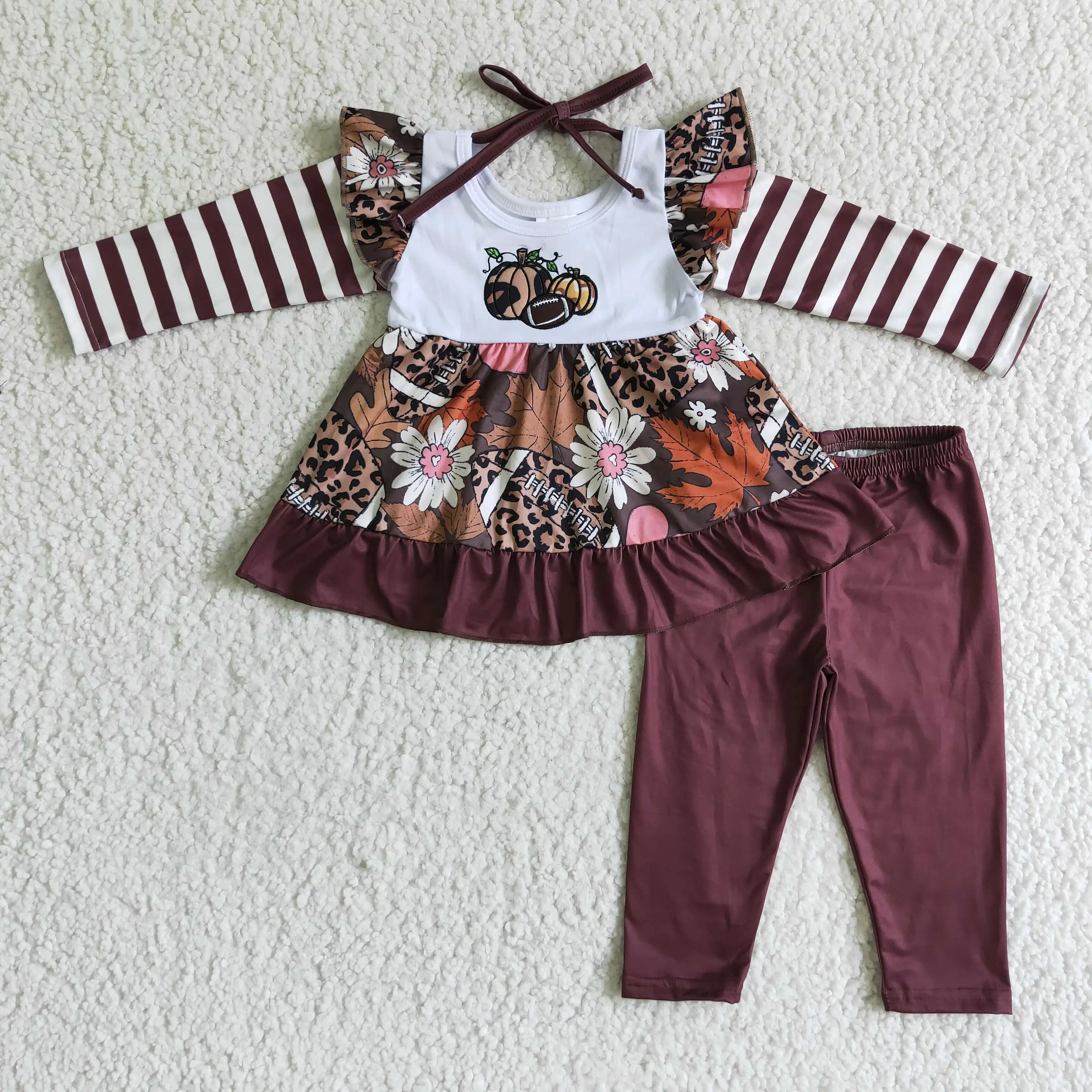 

2022 New design RTS wholesale baby child embroidered suits girls boutique clothing set kids pumpkin fall outfits