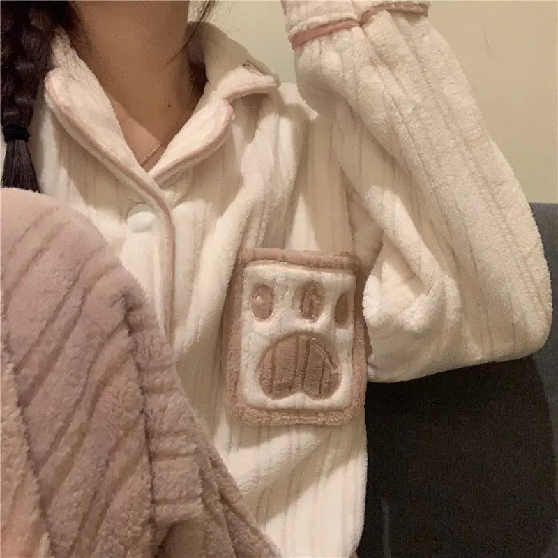 Flannel Pyjamas Women Warm Pijama Mujer Winter Cute Cardigan Loungewear Pijamas Sleepwear Kawaii Clothes Pijama Femme Ensemble