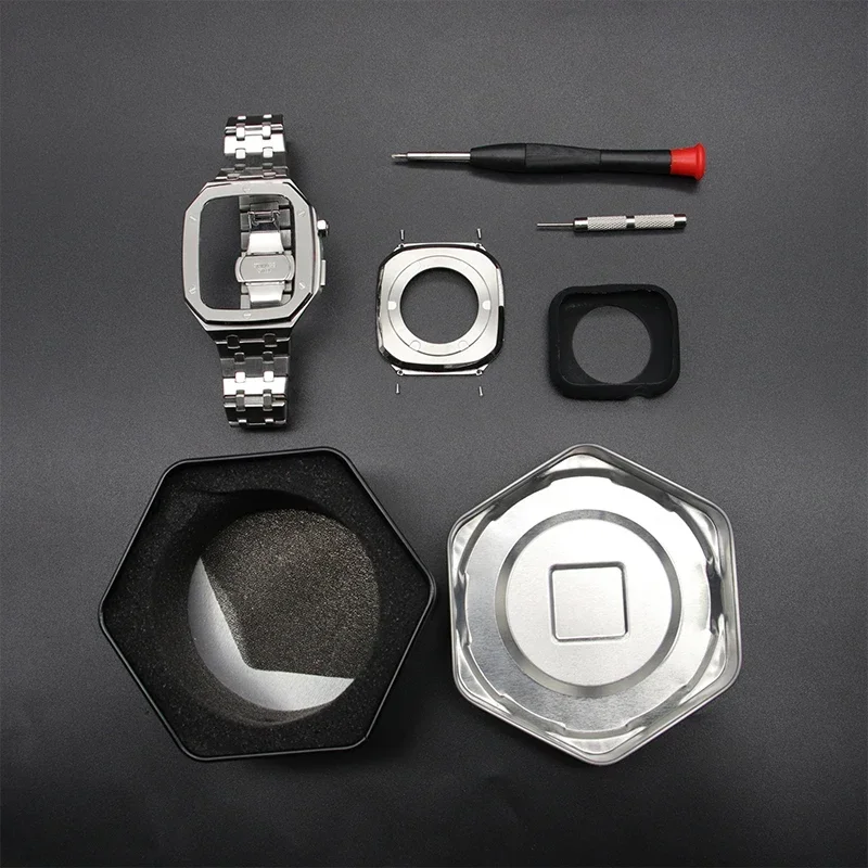 Luksusowy metalowy zestaw do Apple Watch 8 7 45mm 44mm ze stalowy pasek nierdzewnej dla Iwatch serii 6 5 4 3 SE ramka opaska