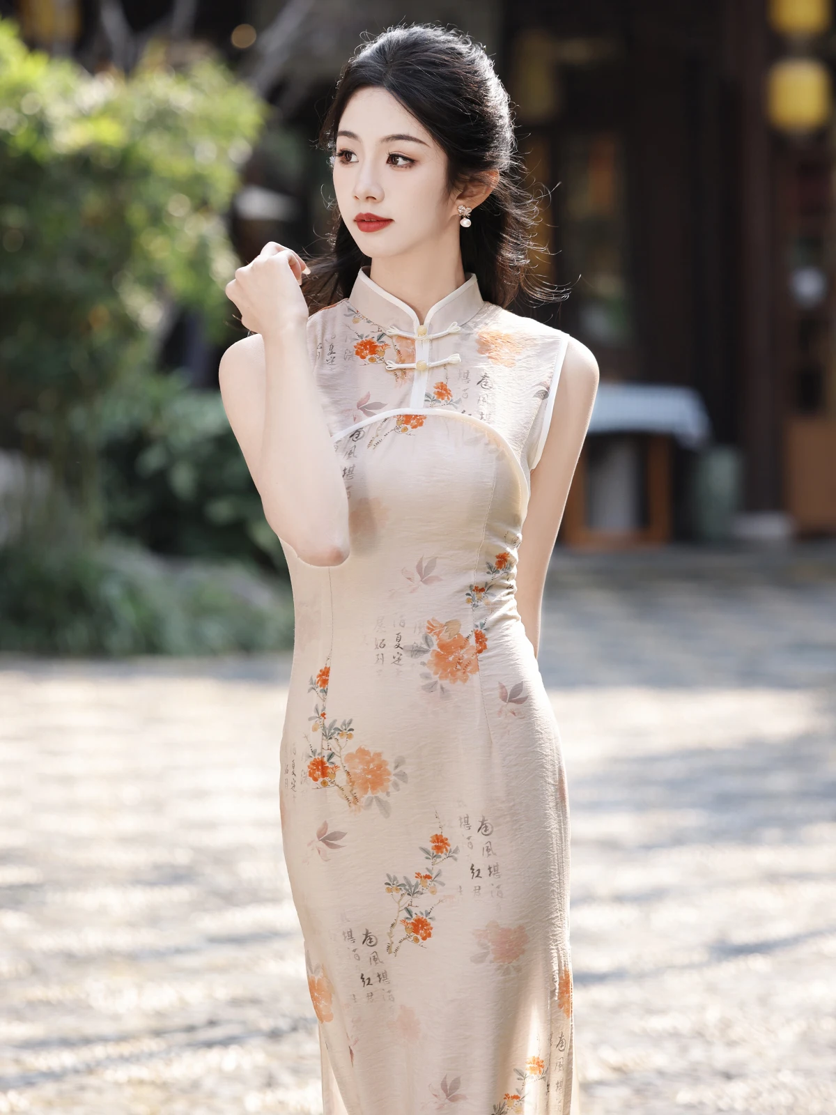 

Young Elegant Lady Style Peach Blossom Crepe Long Cheongsam Spring and Summer New Chinese Sleeveless Daily Wearable