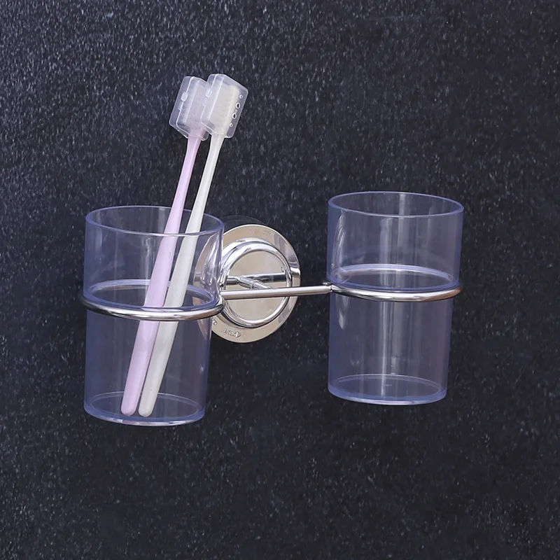 Stainless Steel Bathroom Cup Holder Wall Mounted Sucker Storage Shelf Toothbrush Toothpaste Cups Rack for Bathroom Accessories