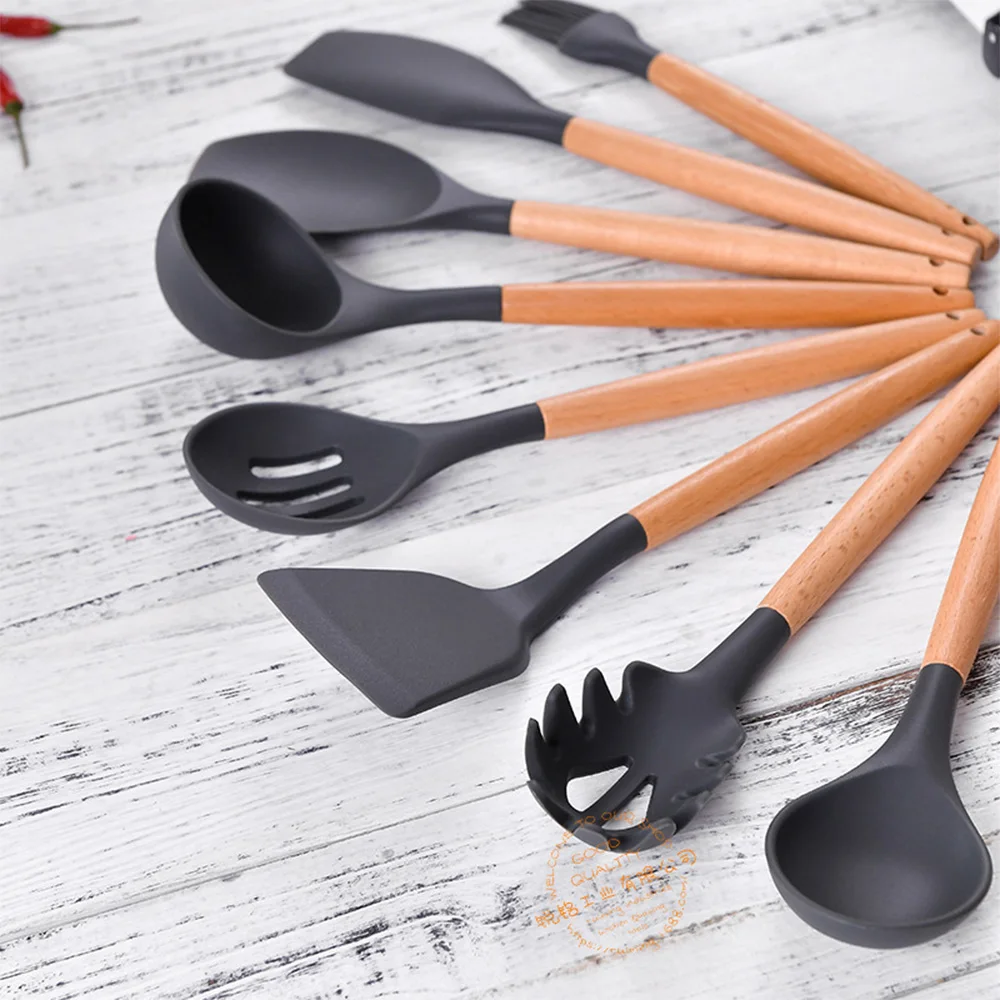 9pcs/set Kitchen Silicone Cooking Tools Utensil Gadgets Silicone Wooden Handle Spoon Brush Ladle Nonstick Cookware Baking Tools
