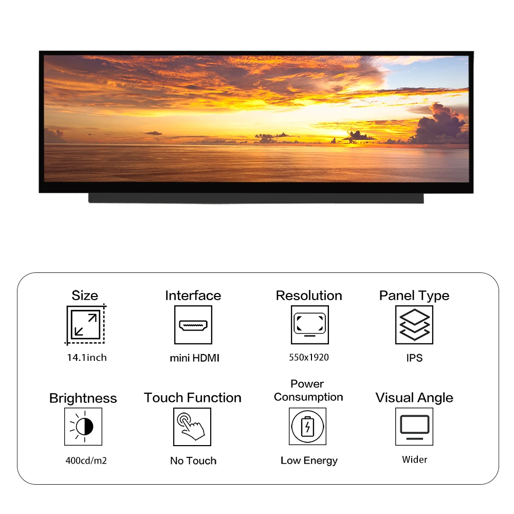 LESOWN Ultrawide 긴 스트립 스크린 디스플레이 Aida64 컴퓨터 용 14.1 인치 미니 HDMI USB-C 550x1920 IPS LCD 디스플레이 모듈