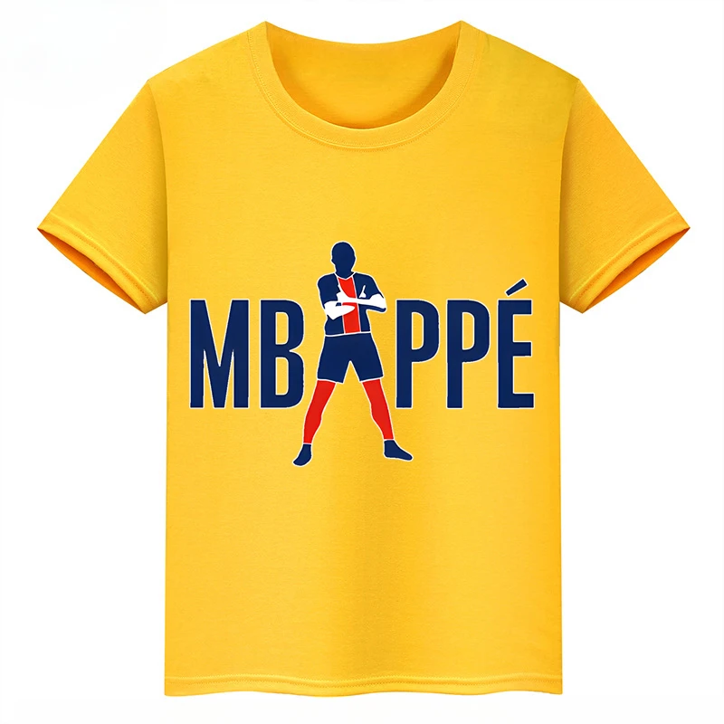 thumbnail image 1 of Camiseta deportiva de algodón amarilla de manga corta de verano para niños y niñas con estampado de avatar de Mbappé, 1 of 5